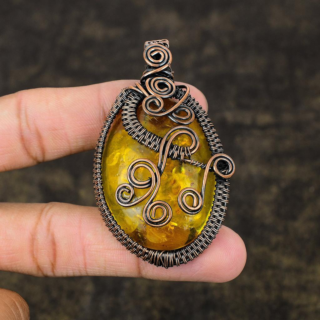 Pierre Précieuse Ambre Baltique Naturel Pendentif Fait Main avec Fil de Cuivre Enveloppé 2.68 R1y64