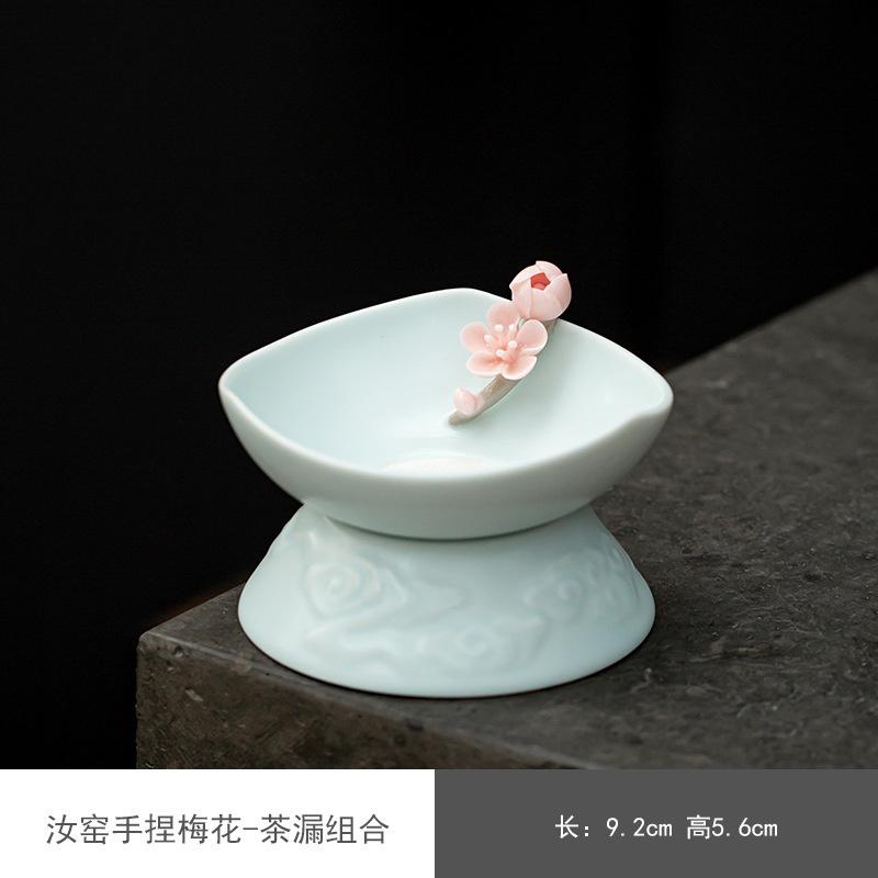 Handmade Knead Pink Plum Blossom Ceramic Tea Infuser Boutique Azure Ru Kiln Celadon Loose TeaLeaf Spice Tea Filter Tea Ceremony