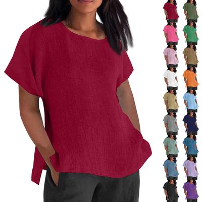 Women's Fashion Short Sleeve Round Neck Solid Colour Loose Casual Shirt Cotton Blouse