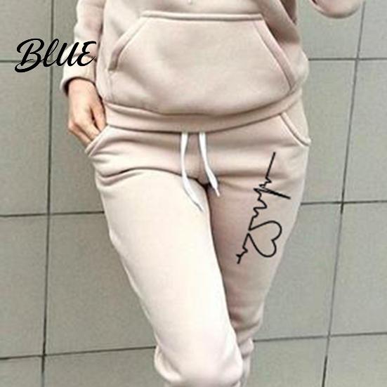 Thick 2 Pcs/Set Lady Tracksuit Heart Print Warm Hoodie Suit Breathable Solid Color for Daily Wear Autumn