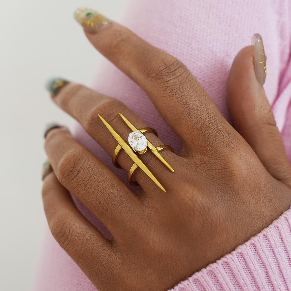 Minimalist 18K Gold Color Plated Stainless Steel Zircon Hammer Lines Layered Hollow Rings Geometric Stackable Rings For Women