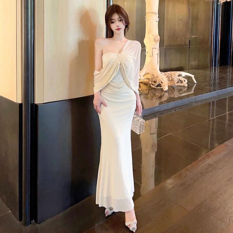 French Tube Top Pleated Mesh Tight Fishtail Dress Women