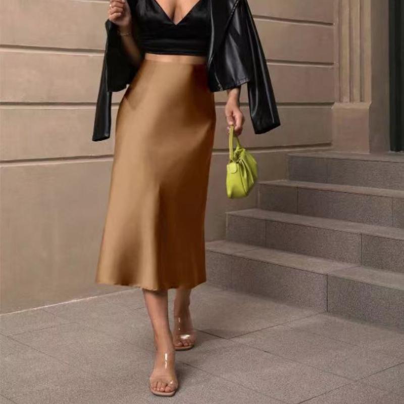 Solid Casual Loose Fishtail Skirt Women Fashion Elegant Slim Fit Satin Loose Skirts for Women Spring and Summer A Line High Waist Woman Skirt 26441