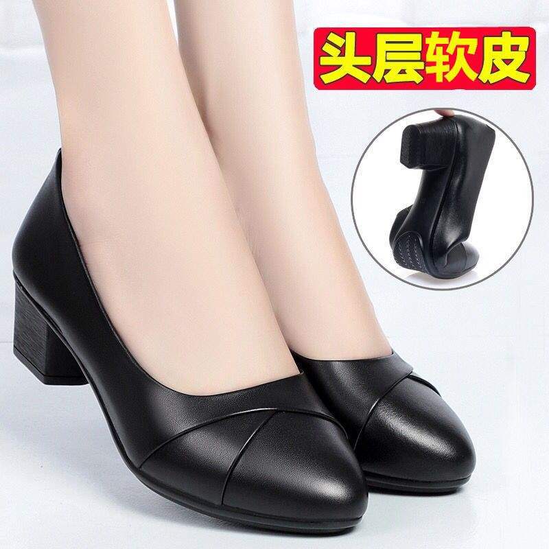 Spring and autumn middle-aged women's shoes mother shoes soft sole middle heel single shoes middle-aged and elderly leather shoes women's work 