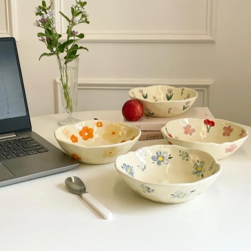 Ceramic Bowl Cream Yellow Handle By Hand Irregularity Fresh Cute Ceramic Salad Bowl Yoghurt Breakfast Bowl Hand-painted Flower