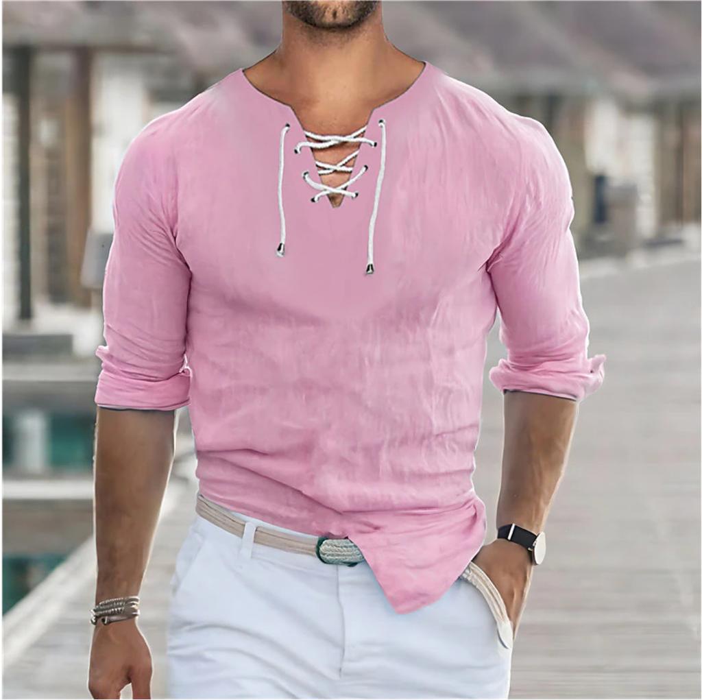 Herren Freizeitshirt Weiß Blau Grau Langarm Einfarbig V-Ausschnitt Frühling und Sommer Freizeit Festival Kleidung Kleidung zum Schnüren
