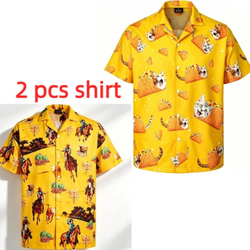 Summer Fashion Beer Hamburger Cat Printing Shirt Hawaiian Beach Vacation Clothing Men's Street Style Shirt Daily Men's and Women's Shirt