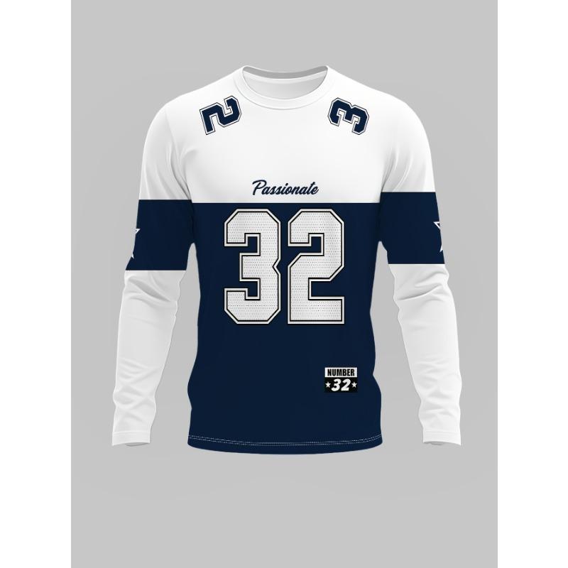 Patchwork Number 32 Letter Star Print Long Sleeve T-Shirt, American Sporty Casual Top