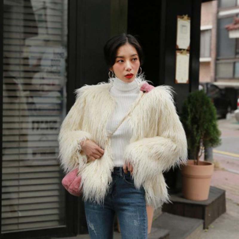 Women Wool Faux Fur Coat Autumn and Winter Mid-length Slim Warm Lamb Long Hair Leisure Jackets