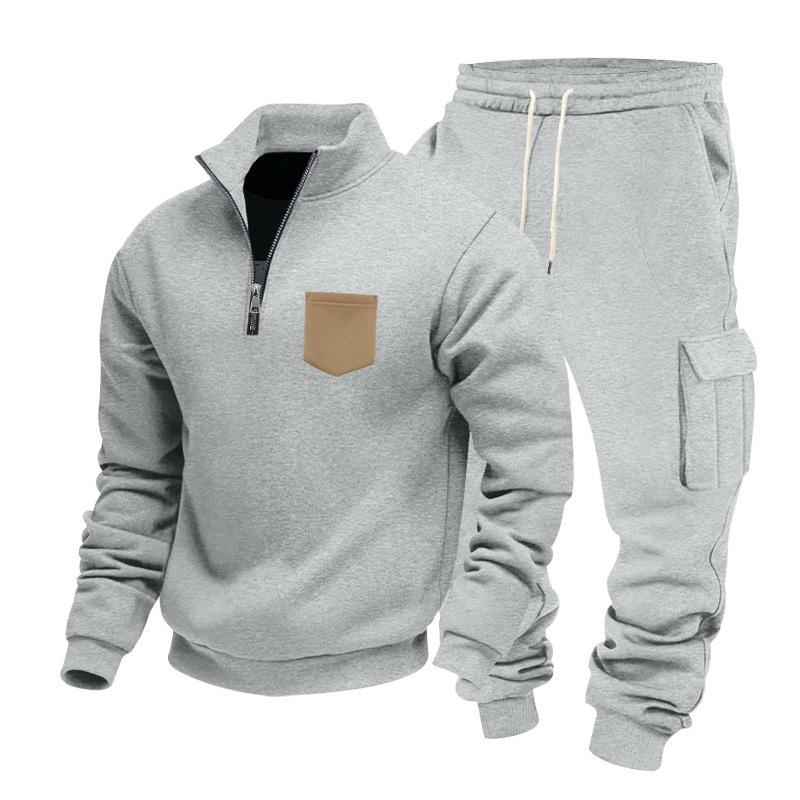 Autumn/Winter Heavyweight Men's Oversized Fleece-Lined Workwear Commuter Stand-Collar Sweatshirt & Workwear Sweatpants Two-Piece Set