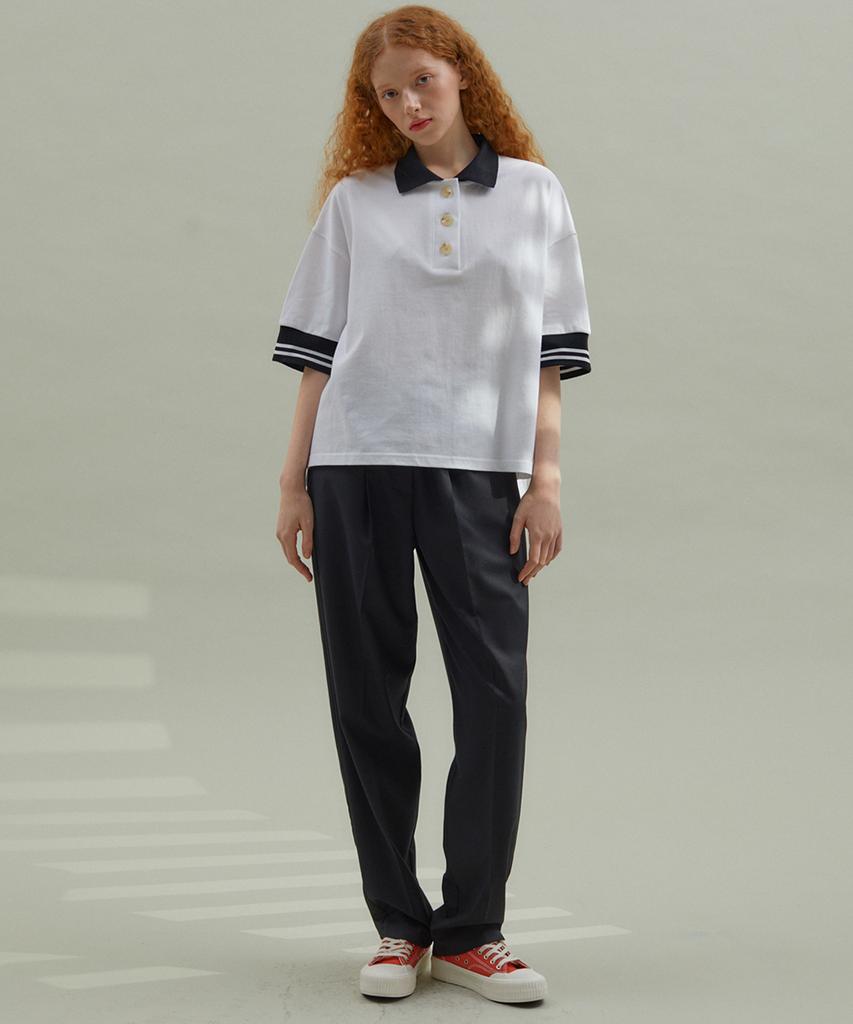 MANAVIS7 Striped Rib Collar T-Shirt White
