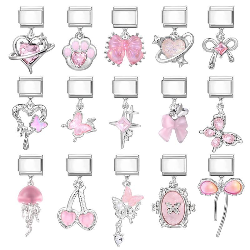 New Sweet Pink Zircon Heart Bows Cherry Moon Star DIY Making Bracelet Women Men Stainless Steel 9mm Italian Charm Links Fit