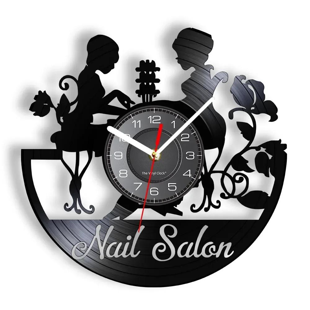 

Nail Salon Decorative Art Modern Wall Clock Nail Salon Business Logo Vinyl Record Wall Clock Nail Artisan Home Gift Wall Watch