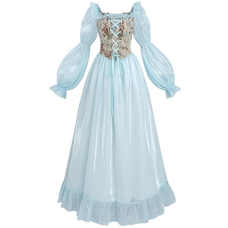 Medieval Floral Dress Cosplay Costume Court Style Corset Puff Sleeve Long Gown Halloween Party Stage Performance