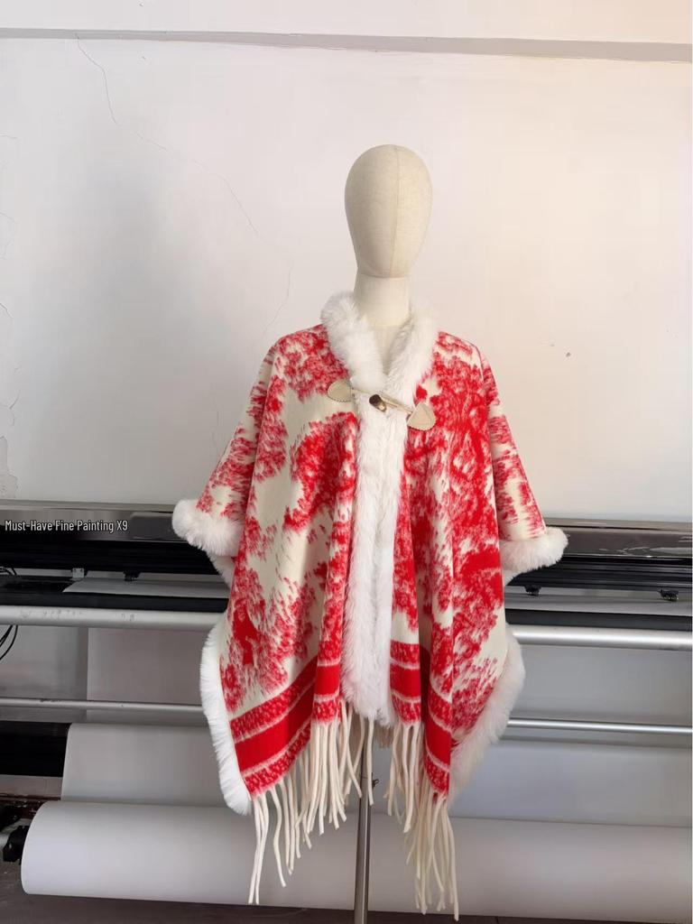 Elegant Women's Floral Ink Wash Shawl - Soft Cashmere Feel, Tassel Detail Cape