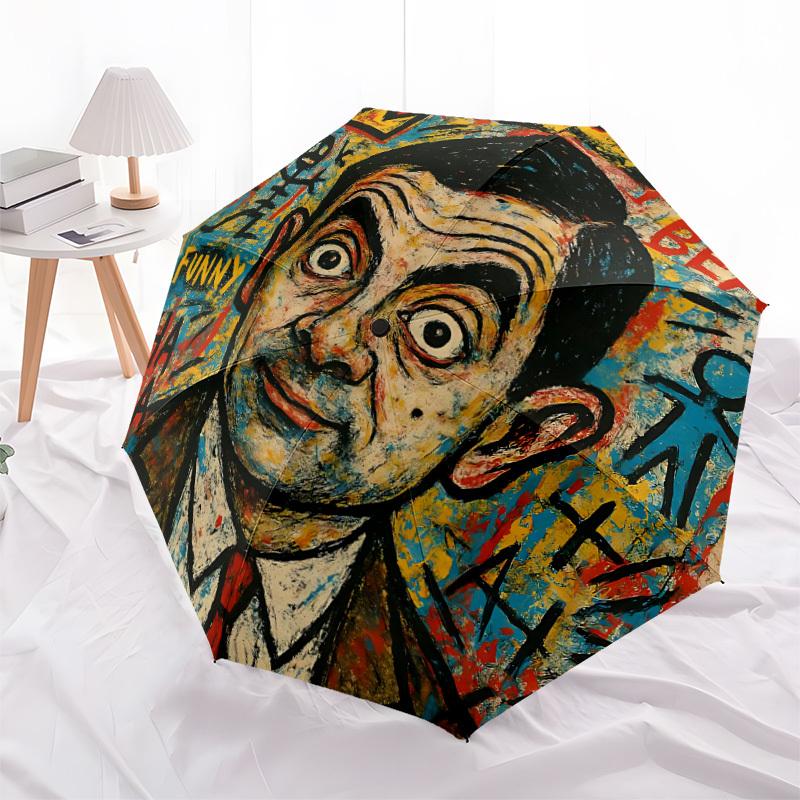 1pc Mr. Bean Artwork Automatic Open/Close Umbrella Folding Umbrella, Portable Compact Travel Umbrella, Gift for Men & Women y17