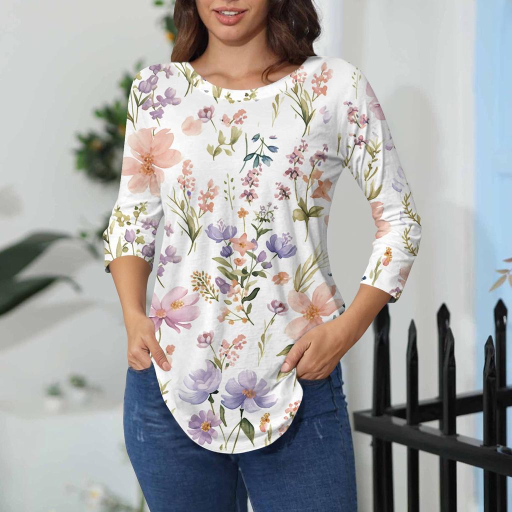 Damen-T-Shirts, 3/4-Ärmel, einfarbig, Pullover, Sommer, Frühling, Tops, Blusen