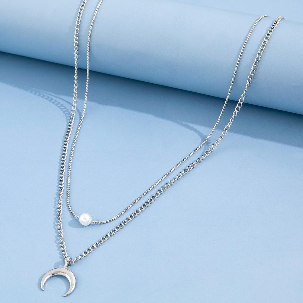 Fashion imitation pearl accessories, creative and simple style multi-layer moon necklace, 1 necklace stacked