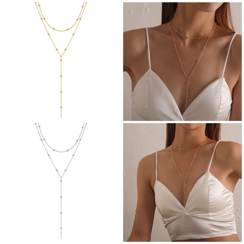 Elegant Geometric Tassels Layered Necklace Charming Gold/Silver Bead Necklace with Tassels For Casual And Romance Outfit