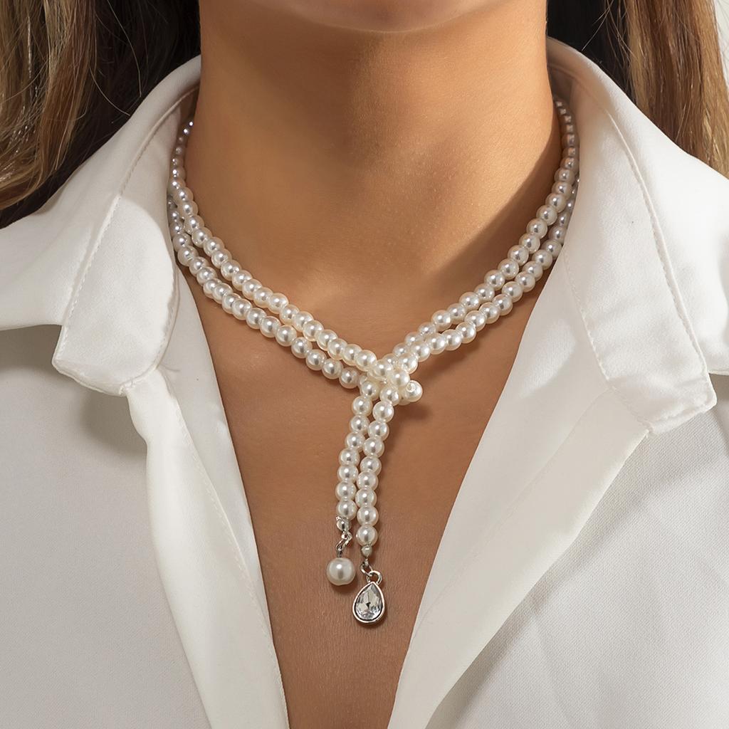 Ingemark Vintage Imitation-Zircon Heart OT Buckle Pendant Necklace Women Wedding Bridal Bead Chain Neck Accessories Zircon New