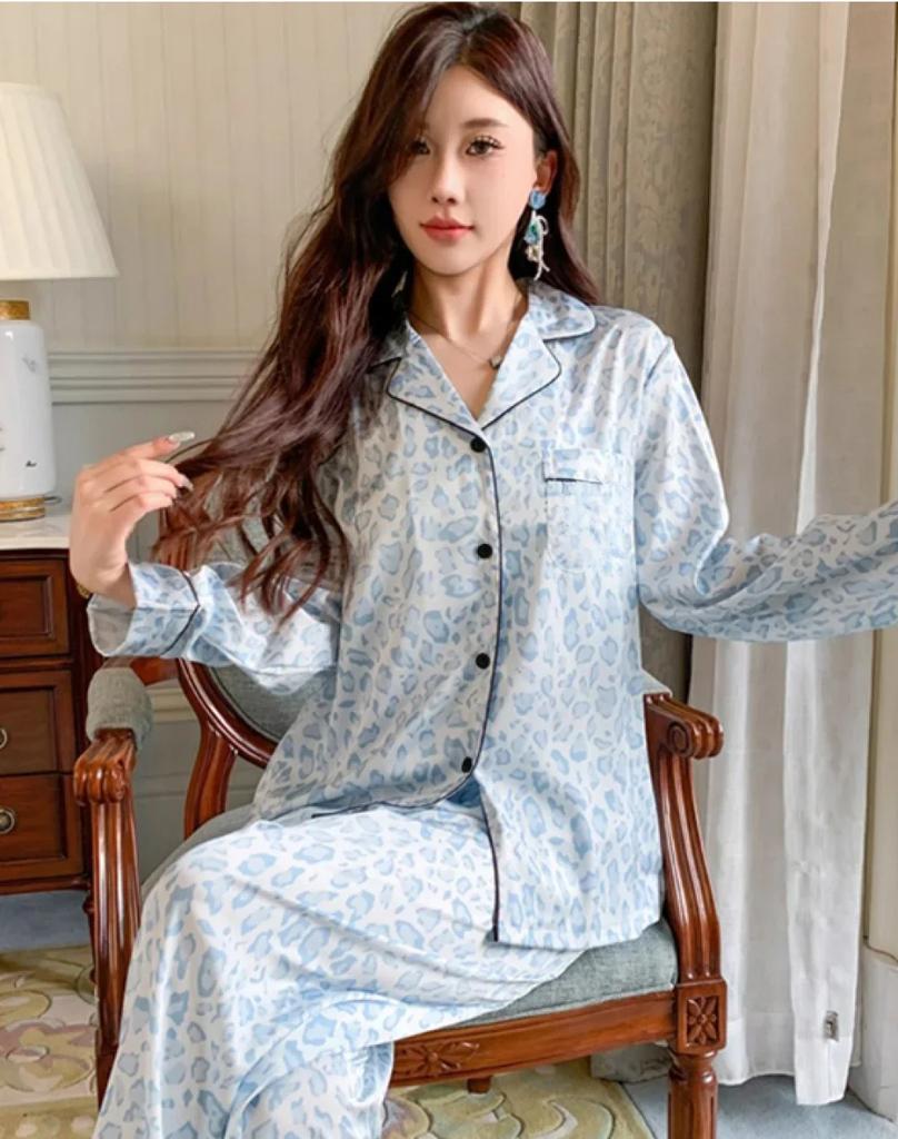 Leopard Print Two Piece Set Pajamas for Women New Spring Simulated Silk Housewear Korean Ins Style Casual Female Lounge