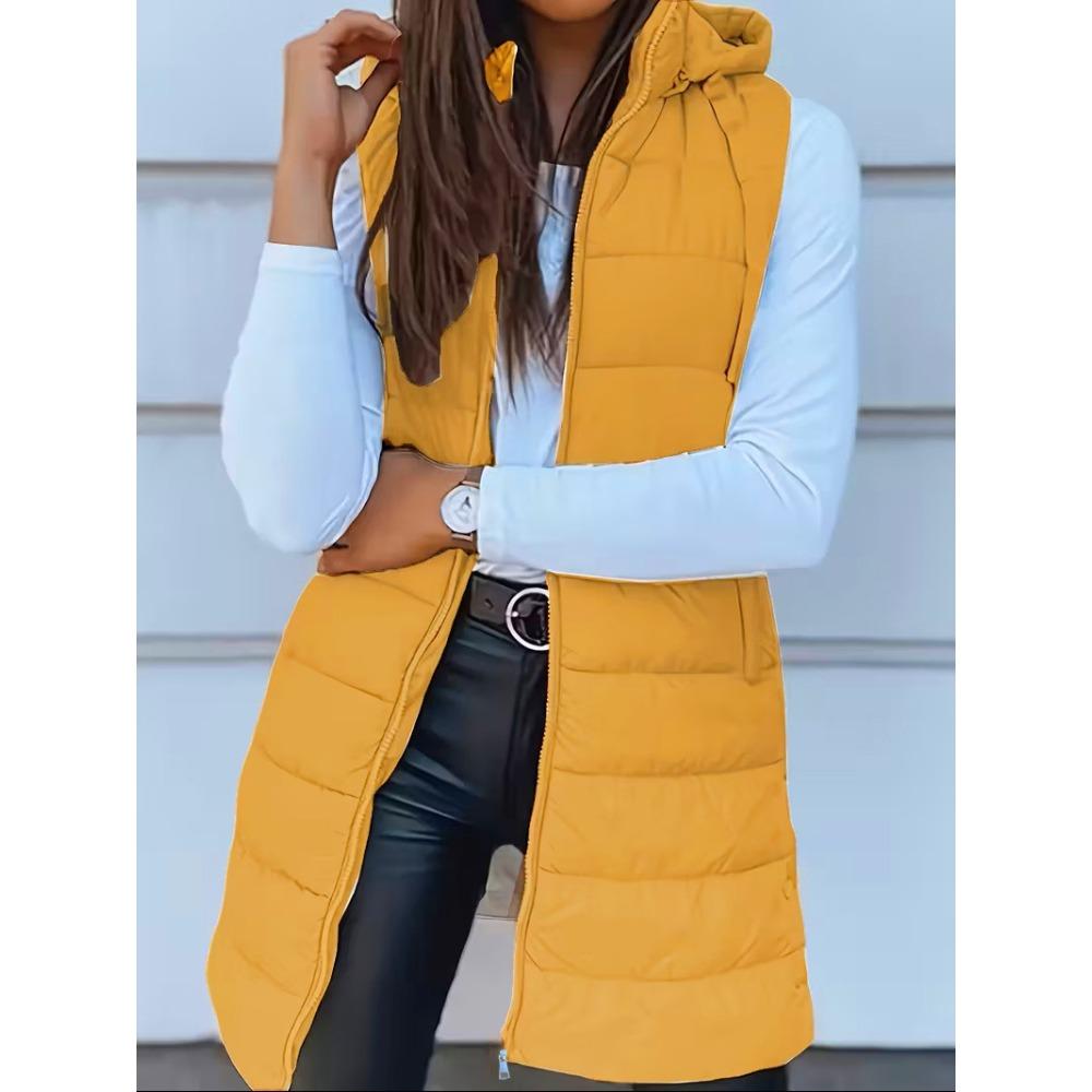 Autumn Winter Solid Color Hooded Zip Cotton Vest Women Mid-Length Plus Size Padded Gilet Coat