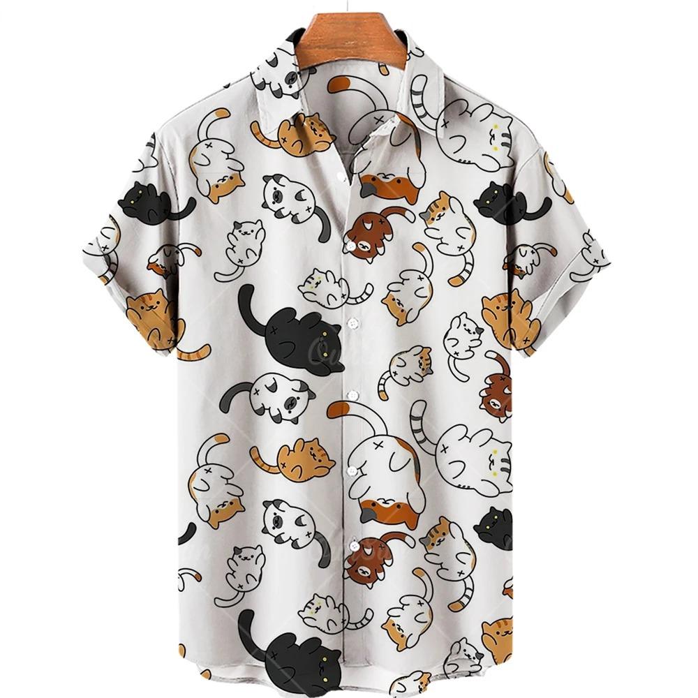 Cute Cat Pattern Print Men Short Sleeve Shirt Summer Men Fashion Loose Shirt Tops