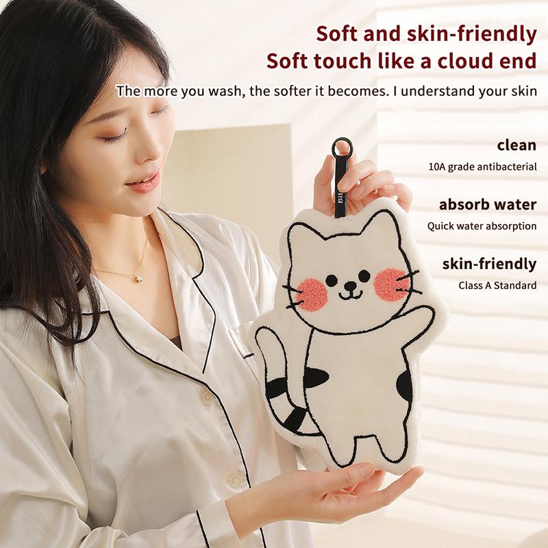 1Pcs Cute Cat Coral Fleece Hanging Towel Kitchen Hand Towel Bathroom Soft Absorbent Handkerchief Wipe Towel Cartoon Kids Towels