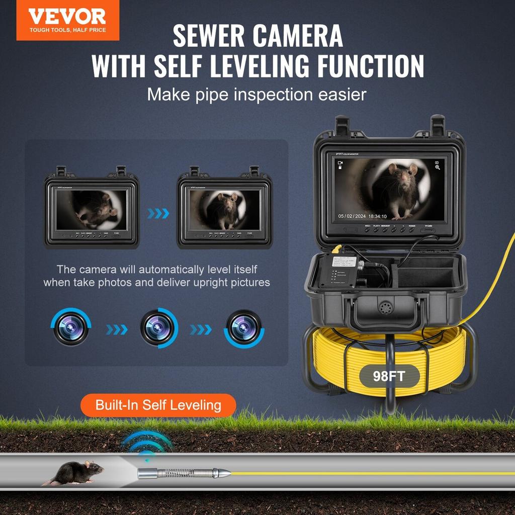 Sewer Camera 98 ft/30m Self-Leveling Drain Camera with 9" Screen 36X Zoom