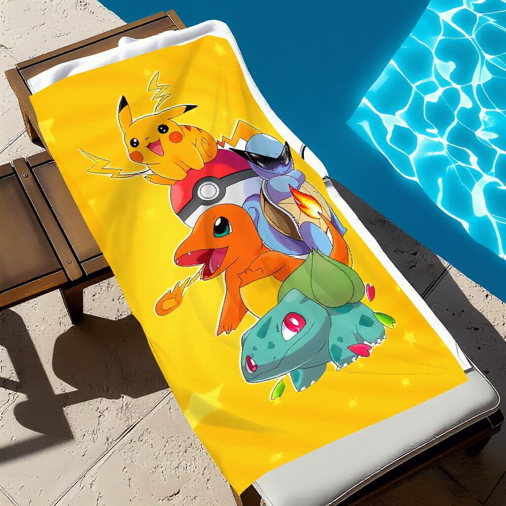 1Pc Pokémon Starters Beach Towel, Pikachu Print, Quick-Dry Super Absorbent Microfiber Bath Towel, Ideal For Beach Pool Summer