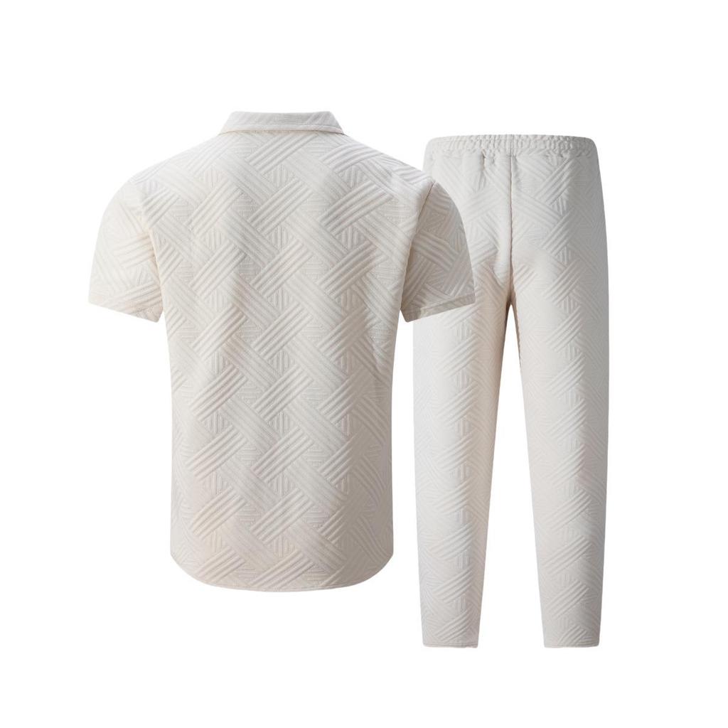 Men's Summer Solid Color Jacquard Lapel Cardigan & Long Pants Two-Piece Set