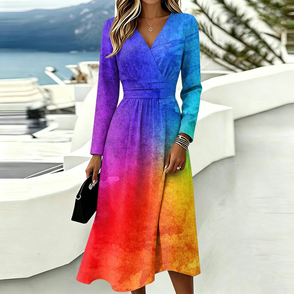 Damen V-Ausschnitt Langarm Print Kleid mit Taschen Lässig Tägliches Tragen
