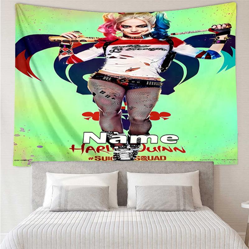 Custom Name Harley Quinn Print Tapestry, Backdrop, Easy Setup, Ideal for Bedroom, Office & Living Room, with Aesthetic Wall Hanging Decor.