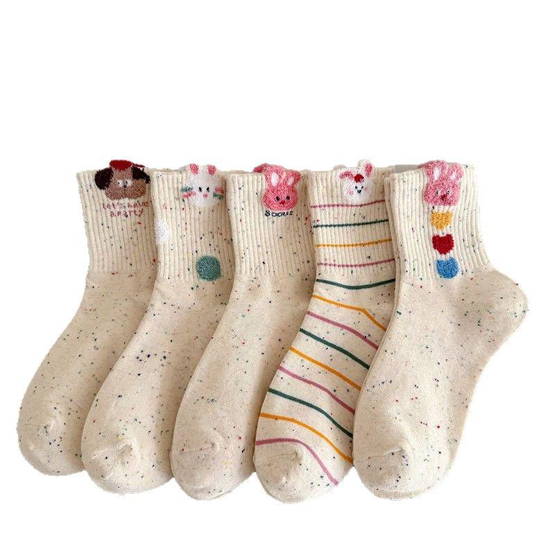 Little Rabbit Cartoon Mid-Calf Socks for Women - Pure Cotton, Cute Slub Yarn Design, Perfect for Autumn and Winter