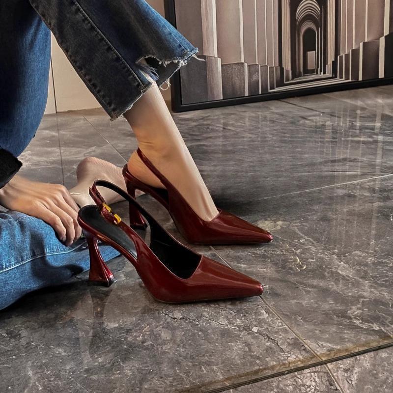 2025 Spring New Temperament Bright Face Pointed High Heel Sandals Thin Heel Side Empty Sexy Back Trip Strap Women's Shoes