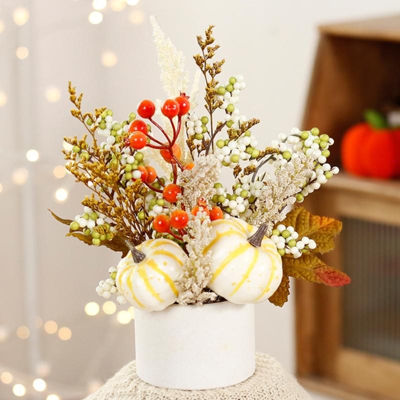 Tabletop Autumn Centerpieces Realistic Pumpkins With Realistic Maple Leaf Arrangement And Wheat Stalks Display