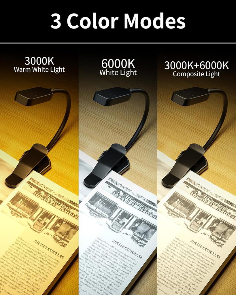 Rechargeable Book Reading Light Lamp, LED Book Light for Reading in Bed - Eye Caring Adjustable Brightness 3 Color Temperatures