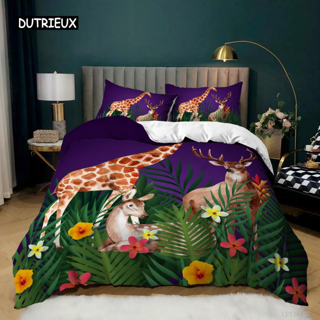 Tier Bettbezug Set King Twin Größe Elch Giraffe Löwe Tiger Muster Bettwäsche Set Mikrofaser Regenwald Tiere Thema Bettdeckenbezug