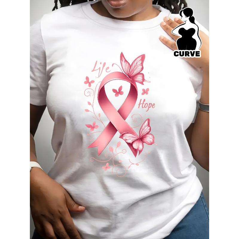 Women s T-Shirt - Pink Ribbon & Print Short Sleeve Top, Maroon & Pink Ribbon Design, Comfortable Round Neck Casual Blouse for Spring Summer Fall S белый