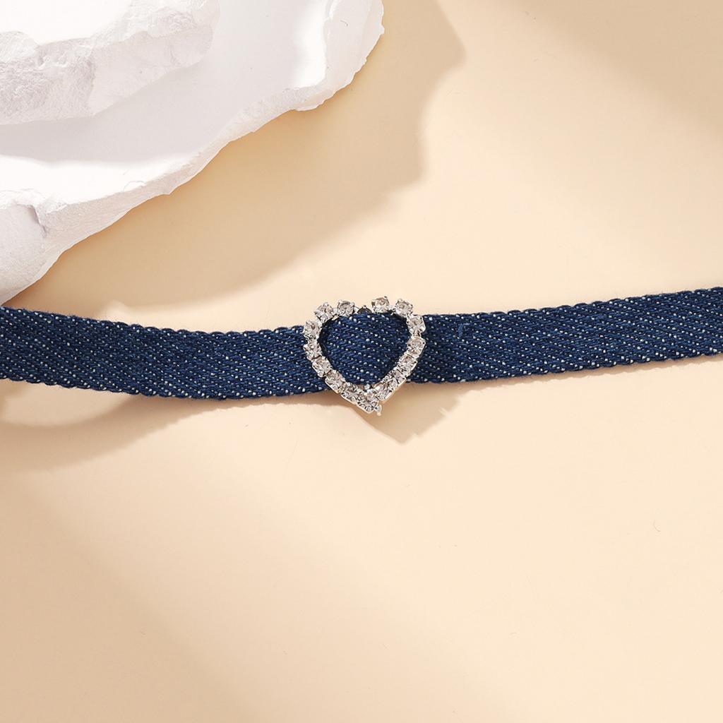 Fashionable Denims Fabric Choker Necklace for Women Adjustable Clavicle Chain Rhinestones Charm Necklace Accessory