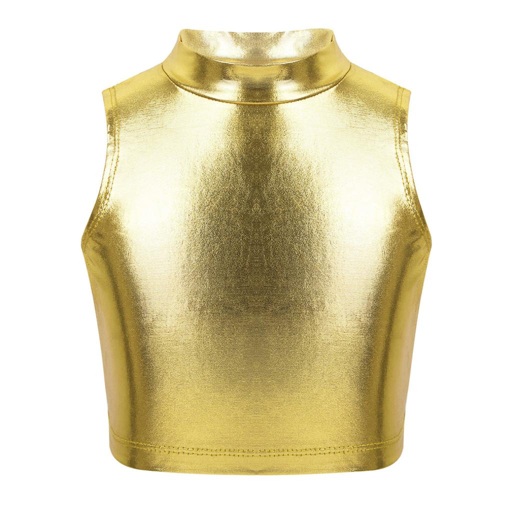 Girls Shiny Metallic Crop Tank Top Ballet Dance Jazz Hip Hop Performance Costumes