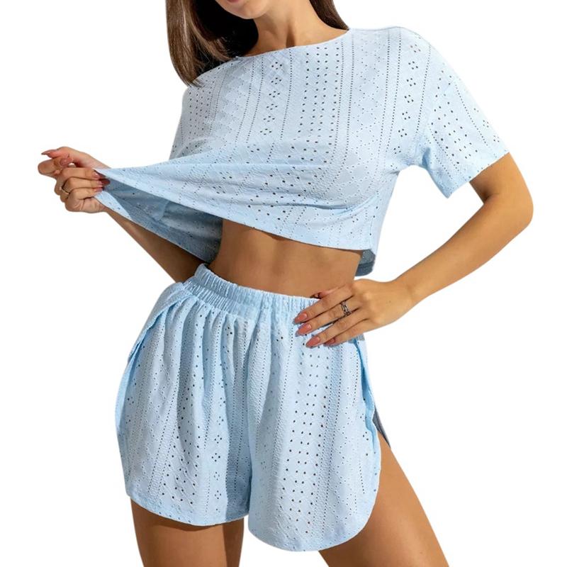 

Women Breathable Hollow Out Shorts Sleeve Pajamas Set Ultra-Soft Casual Style Loungewear S