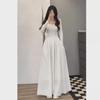 French White Long Sleeve Square Neck Women's Hepburn-Style Slim Waist Maxi Skirt for Spring and Autumn