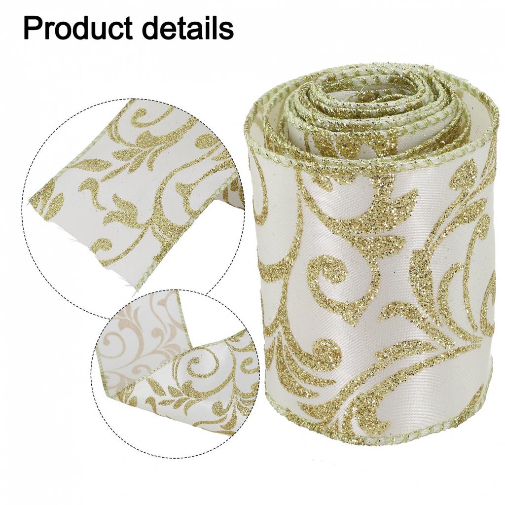 Glitter Wired Ribbon, Organza Sheer Ribbon with Gold Glitter Swirl Pattern