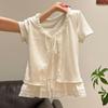 French Gentle Wind Fungus Edge Lace Fake Two-piece T-shirt Women's Summer Fashion Temperament Bow Strap Top