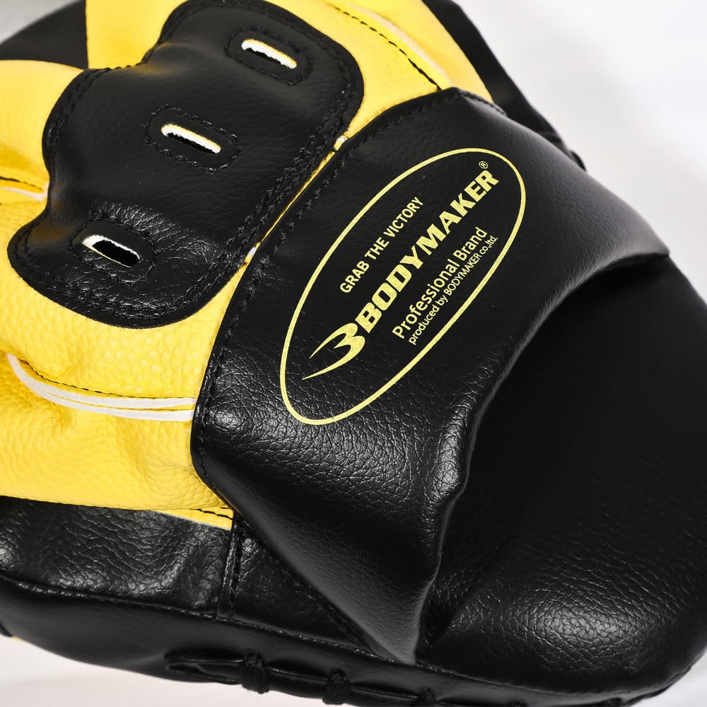 BODYMAKER Curved Punching Mitts for Martial Muay Boxing Martial Full Punching Striking Yellow x Black Arts, Karate, Kickboxing, Training, Thai,