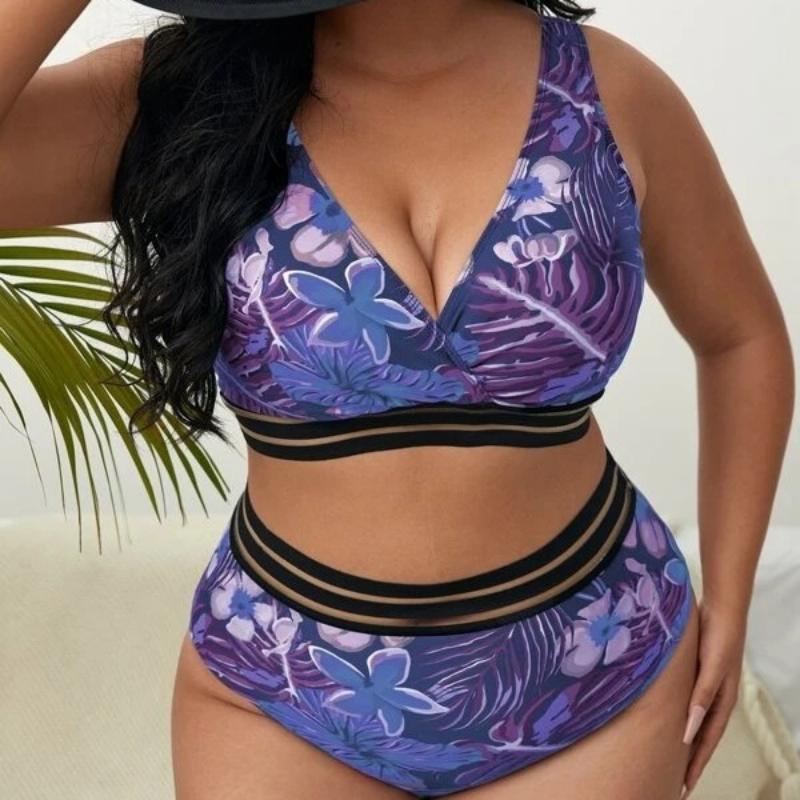 

Plus Size 2 Piece Tropical Floral Print Bikini Set V Neck High Waisted Mesh Trim Tummy Control Summer Beach Bathing Suit Swimwear XL фіолетовий
