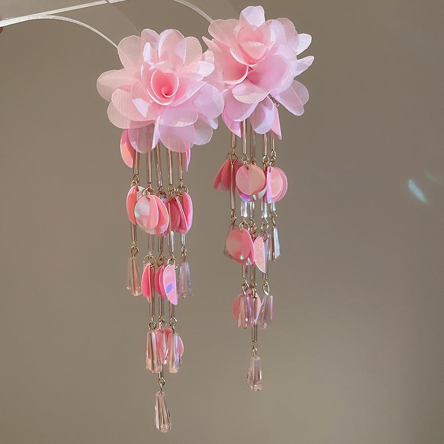 Silver needle chiffon flower fringed stud earrings sweet Mori dopamine earrings niche trend versatile earrings fashion women