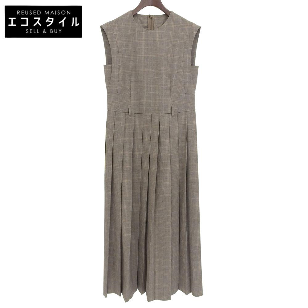 

allureville Checked TR Trousers Side Slit Pleated Dress, Women s, Brown, 1 dress 1 BrownUsed