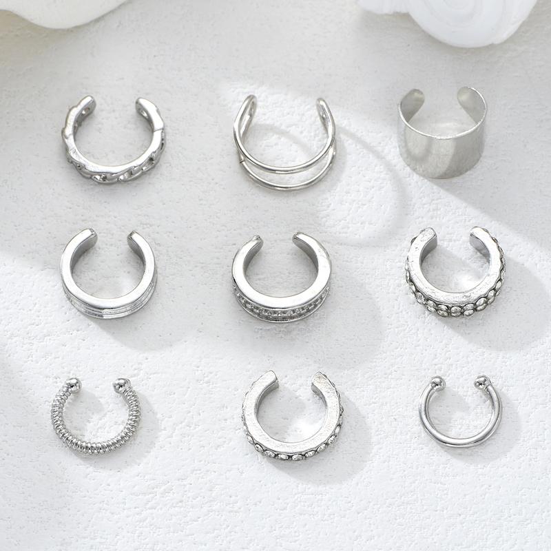 9Pcs/Set Simple Metal Non-Piercing Ear Clip Earrings for Women Shiny CZ Stone Fake Piercing Ear Cuff Daily Wear Party Jewelry